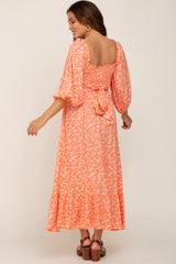 Coral Floral Smocked Tie Back Maternity Midi Dress