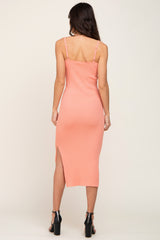 Peach Ribbed Knit Side Slit Midi Dress