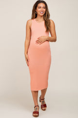 Peach Ribbed Racerback Maternity Midi Dress