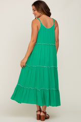 Green Scalloped Neck Tiered Maternity Maxi Dress