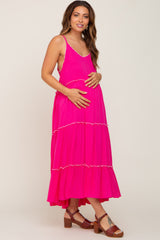 Fuchsia Scalloped Neck Tiered Maternity Maxi Dress