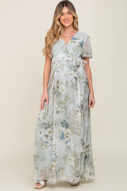 Light Olive Floral Chiffon Wrap Front Short Sleeve Maternity Maxi Dress