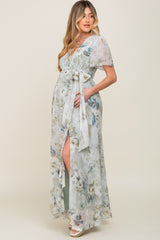 Light Olive Floral Chiffon Wrap Front Short Sleeve Maternity Maxi Dress