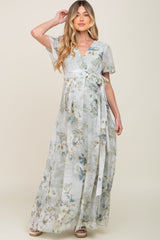 Light Olive Floral Chiffon Wrap Front Short Sleeve Maternity Maxi Dress