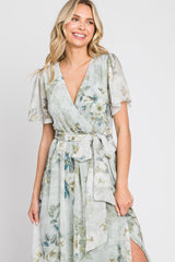 Light Olive Floral Chiffon Wrap Front Short Sleeve Maxi Dress