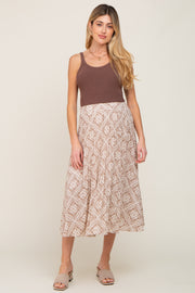 Beige Printed Pleated Maternity Midi Skirt