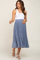 Blue Printed Pleated Maternity Midi Skirt