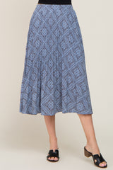 Blue Printed Pleated Midi Skirt