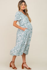 Mint Green Floral V-Neck Maternity Midi Dress