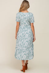 Mint Green Floral V-Neck Maternity Midi Dress