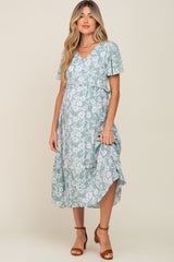 Mint Green Floral V-Neck Maternity Midi Dress