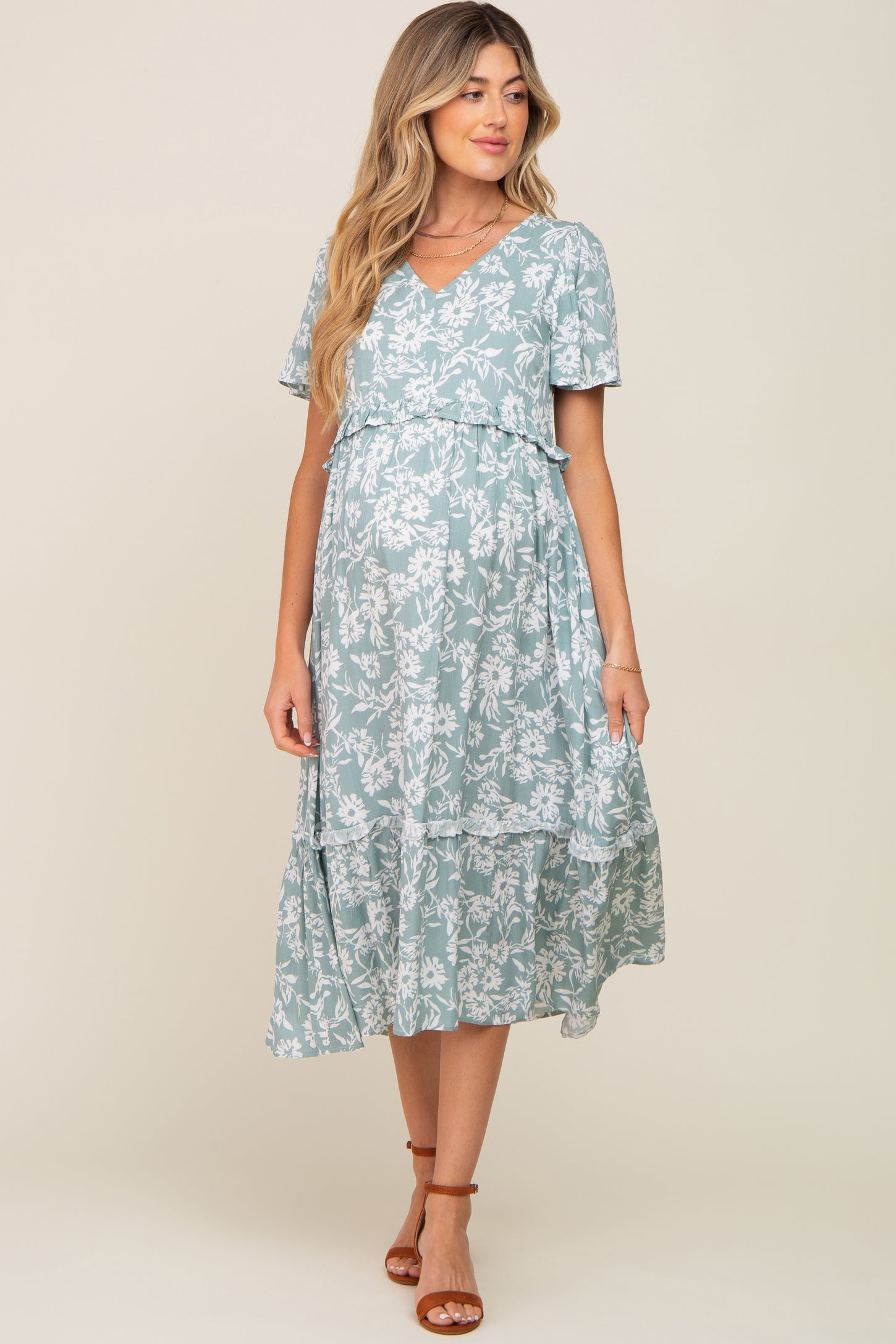 Mint Green Floral V-Neck Maternity Midi Dress– PinkBlush