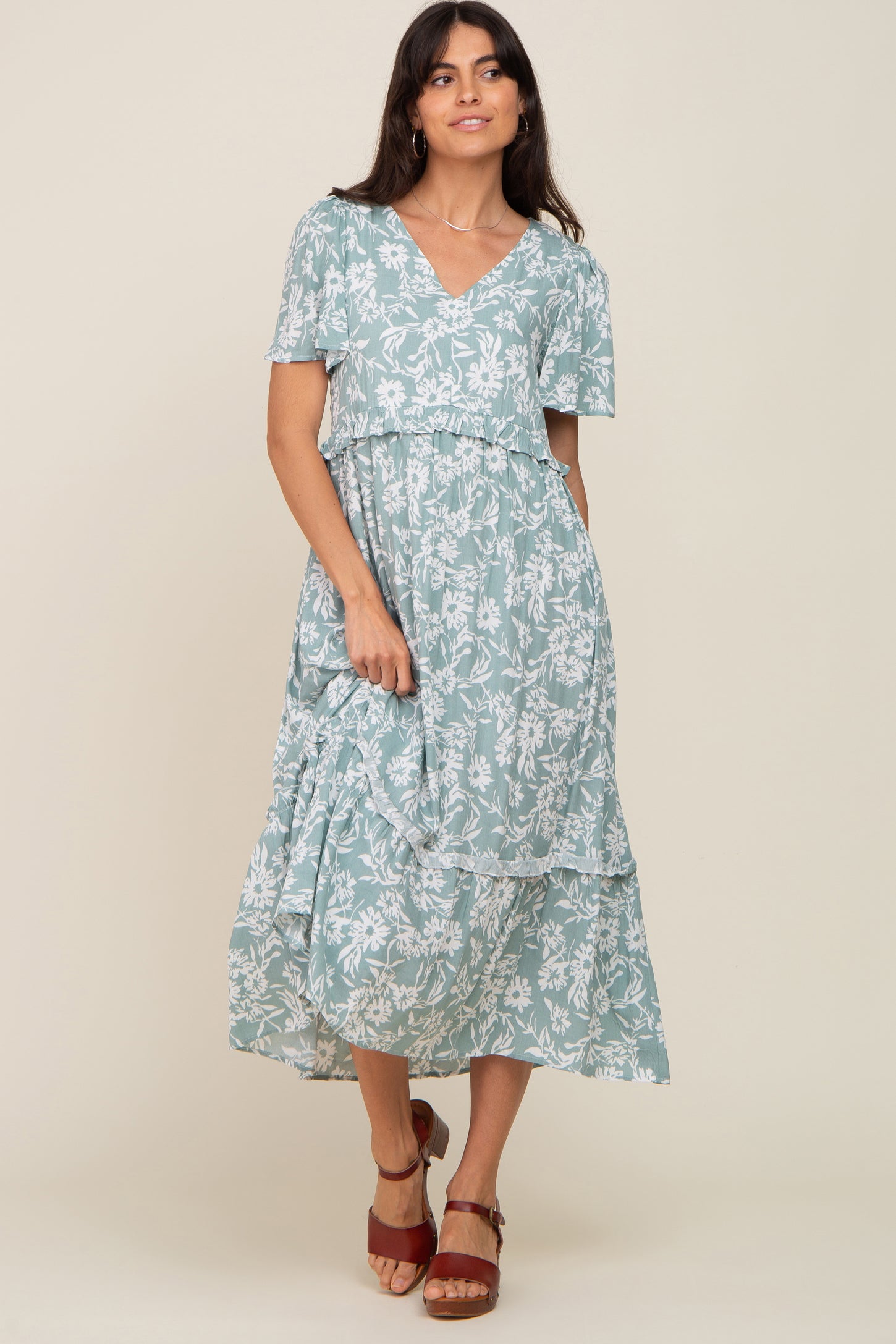 Mint Green Floral V-Neck Maternity Midi Dress– PinkBlush