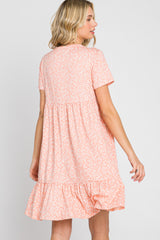 Peach Floral Front Button Accent Short Sleeve Dress