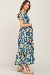 Navy Floral Print Smocked Maternity Maxi Dress