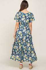 Navy Floral Print Smocked Maternity Maxi Dress