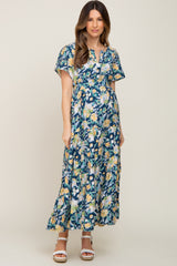 Navy Floral Print Smocked Maternity Maxi Dress