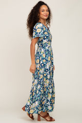 Navy Floral Print Smocked Maxi Dress