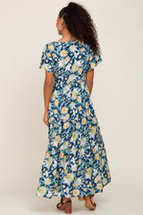 Navy Floral Print Smocked Maxi Dress