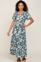 Navy Floral Print Smocked Maternity Maxi Dress