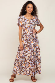 Brown Floral Print Smocked Maxi Dress