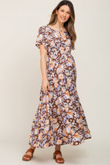 Brown Floral Print Smocked Maternity Maxi Dress