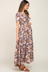 Brown Floral Print Smocked Maternity Maxi Dress