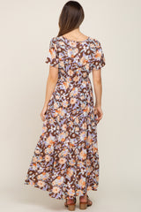 Brown Floral Print Smocked Maternity Maxi Dress