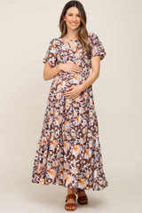 Brown Floral Print Smocked Maternity Maxi Dress