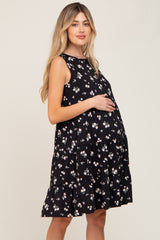 Black Floral Sleeveless Tiered Maternity Dress