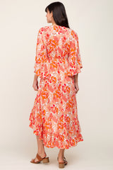 Orange Floral Front Tie Ruffle Hi-Low Midi Dress