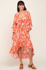 Orange Floral Front Tie Ruffle Hi-Low Midi Dress