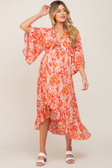 Orange Floral Front Tie Ruffle Hi-Low Maternity Midi Dress