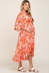 Orange Floral Front Tie Ruffle Hi-Low Maternity Midi Dress