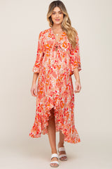 Orange Floral Front Tie Ruffle Hi-Low Maternity Midi Dress