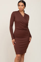 Brown Ribbed Ruched Wrap Dress