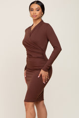 Brown Ribbed Ruched Wrap Dress