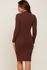 Brown Ribbed Ruched Wrap Maternity Dress