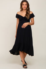 Black Smocked Ruched Ruffle Hem Maternity Maxi Dress