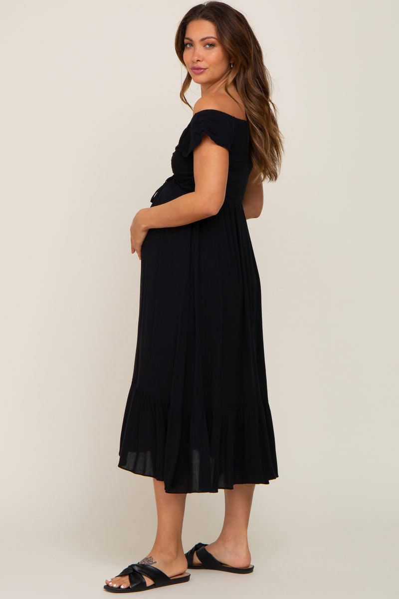 Black Smocked Ruched Ruffle Hem Maternity Maxi Dress– PinkBlush