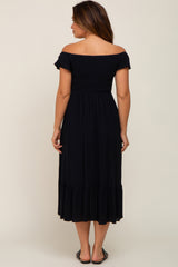 Black Smocked Ruched Ruffle Hem Maternity Maxi Dress