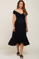 Black Smocked Ruched Ruffle Hem Maternity Maxi Dress