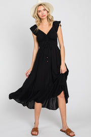 Black Smocked Ruched Ruffle Hem Maxi Dress