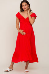 Red Smocked Ruched Ruffle Hem Maternity Maxi Dress