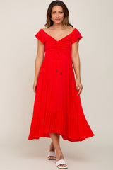 Red Smocked Ruched Ruffle Hem Maternity Maxi Dress