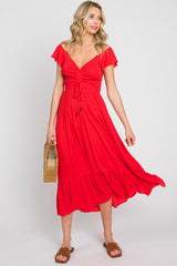 Red Smocked Ruched Ruffle Hem Maternity Maxi Dress