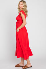 Red Smocked Ruched Ruffle Hem Maxi Dress