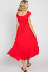 Red Smocked Ruched Ruffle Hem Maxi Dress