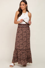 Black Animal Print Smocked Tiered Maternity Maxi Skirt