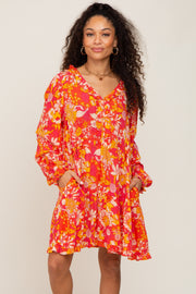 Coral Floral Button Front Ruffle Accent Dress